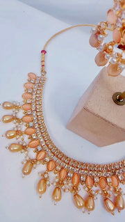 Indian Pakistani Jewellery Hanan orange gold earring tikka set with choker necklace - Bijoux Pieces