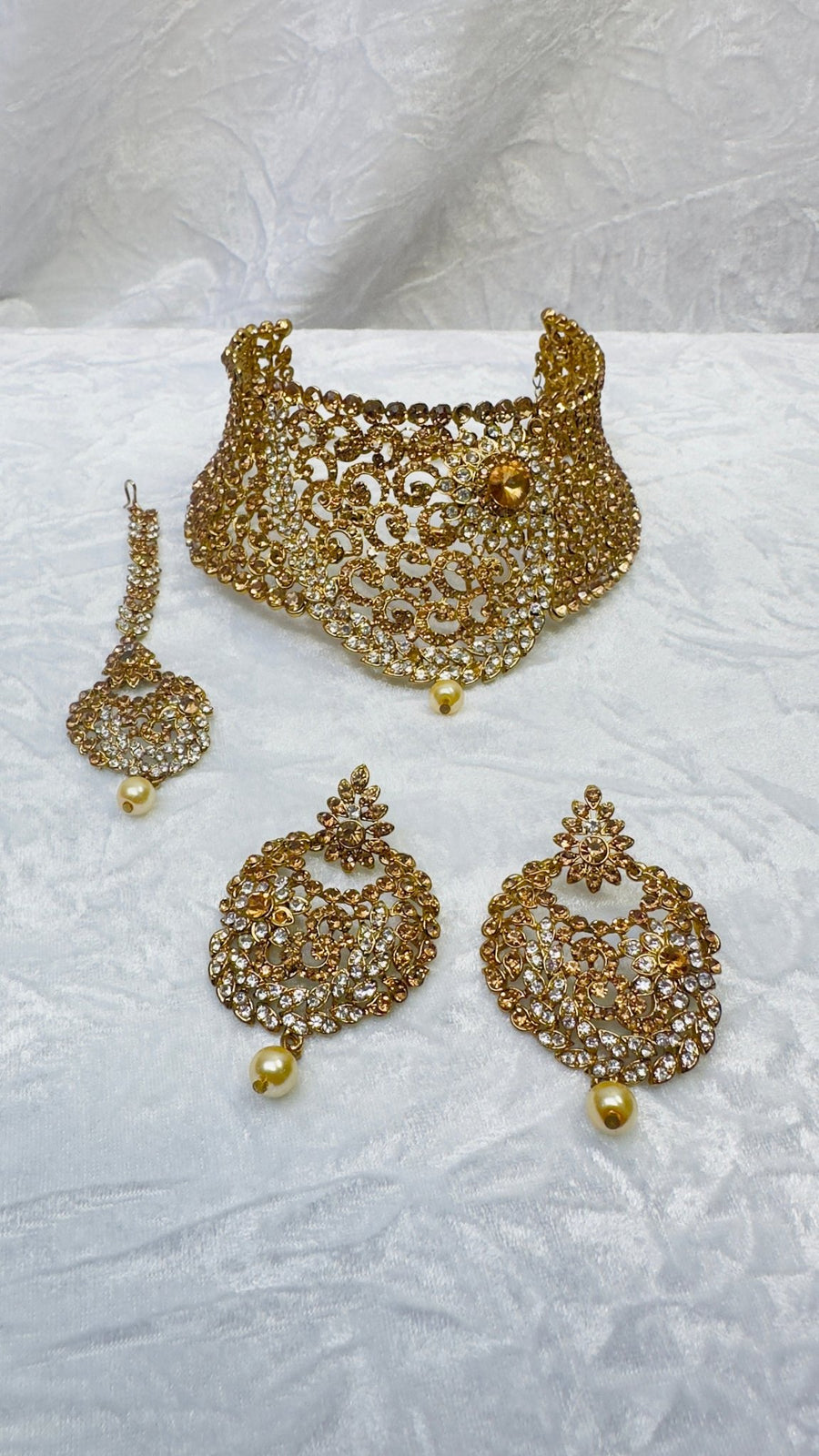 Indian Pakistani Jewellery Jawahir set: Antique coloured choker set with tikka and earrings - Bijoux Pieces