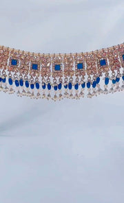 Indian Pakistani Jewellery Pariza: Gold & blue choker, earring, tikka set - Bijoux Pieces