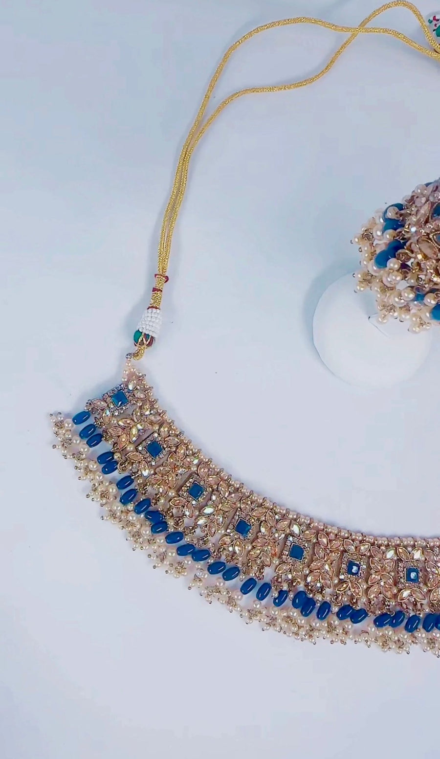 Indian Pakistani Jewellery Pariza: Gold & blue choker, earring, tikka set - Bijoux Pieces