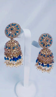 Indian Pakistani Jewellery Pariza: Gold & blue choker, earring, tikka set - Bijoux Pieces