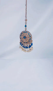 Indian Pakistani Jewellery Pariza: Gold & blue choker, earring, tikka set - Bijoux Pieces