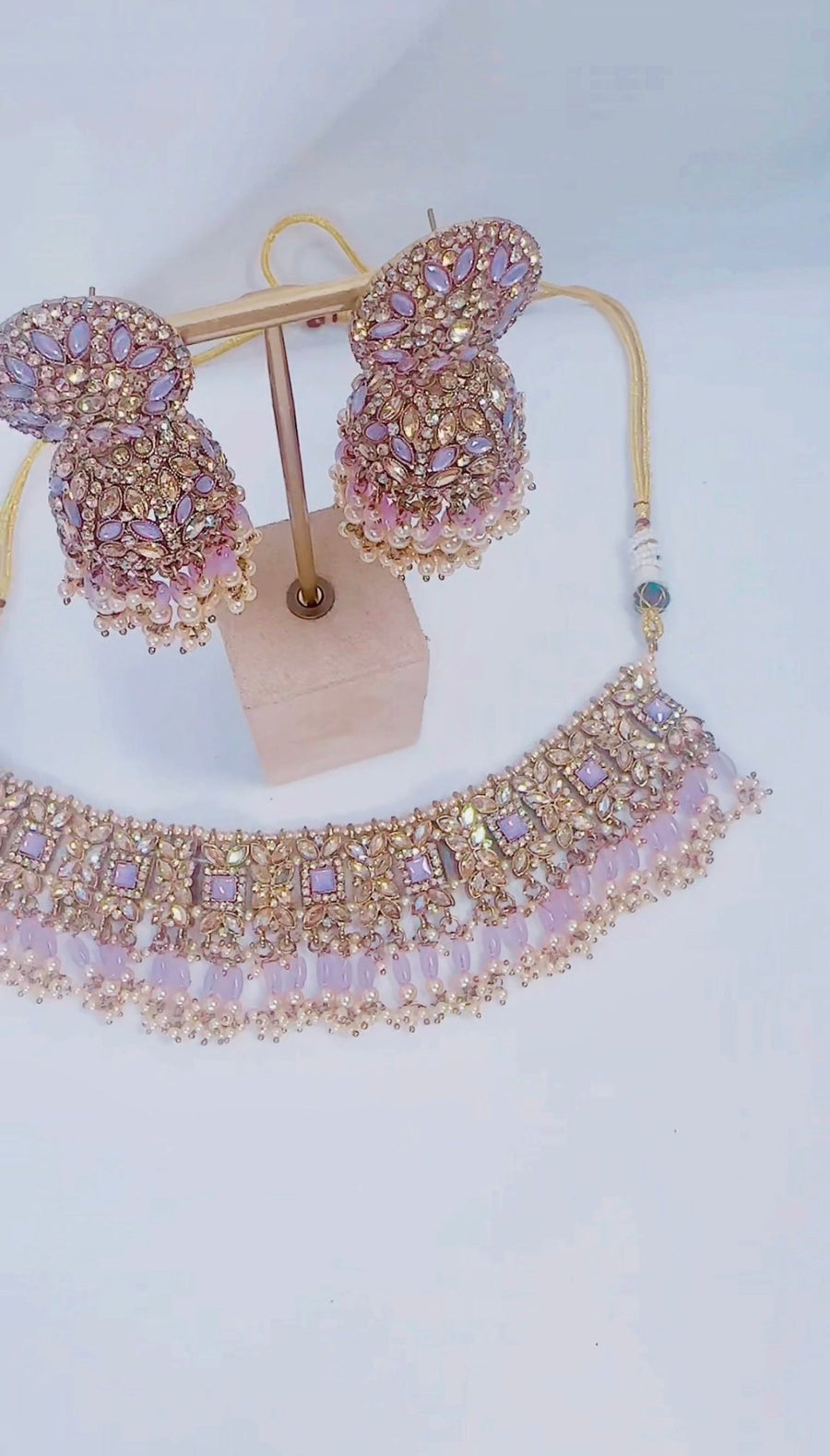 Indian Pakistani Jewellery Pariza: Gold & lilac choker, earring, tikka set - Bijoux Pieces