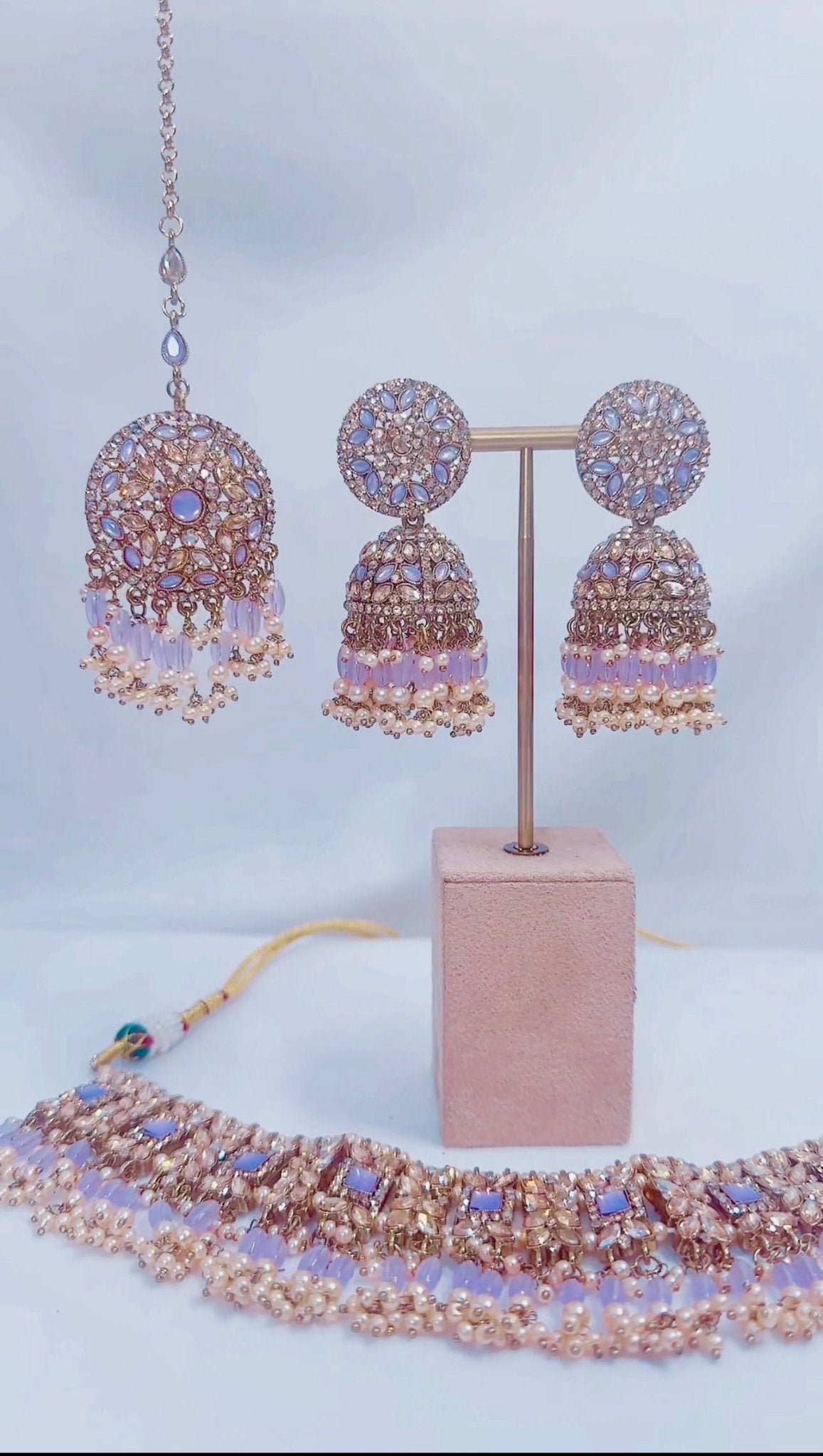 Indian Pakistani Jewellery Pariza: Gold & lilac choker, earring, tikka set - Bijoux Pieces