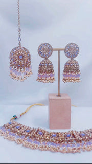 Indian Pakistani Jewellery Pariza: Gold & lilac choker, earring, tikka set - Bijoux Pieces