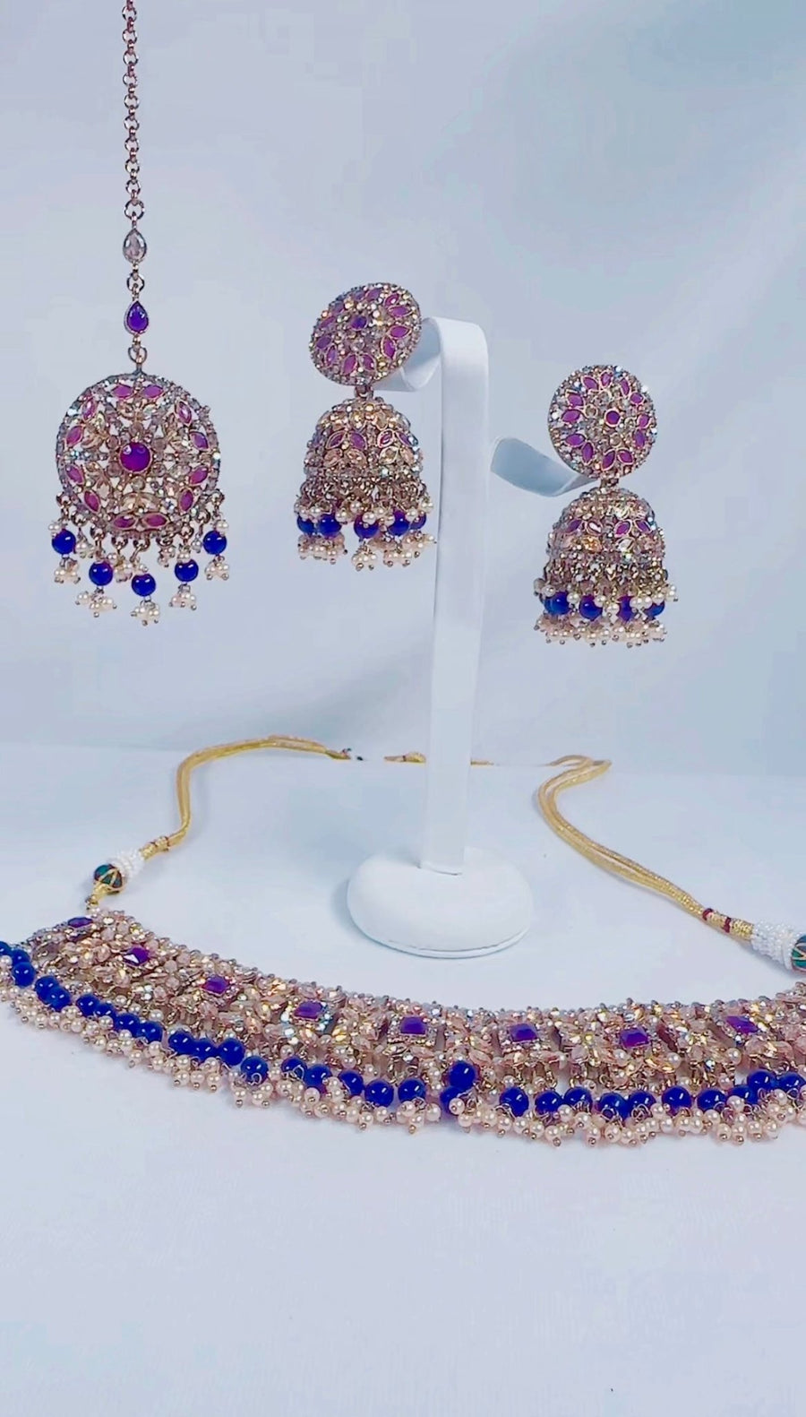 Indian Pakistani Jewellery Pariza: Gold & purple choker, earring, tikka set - Bijoux Pieces