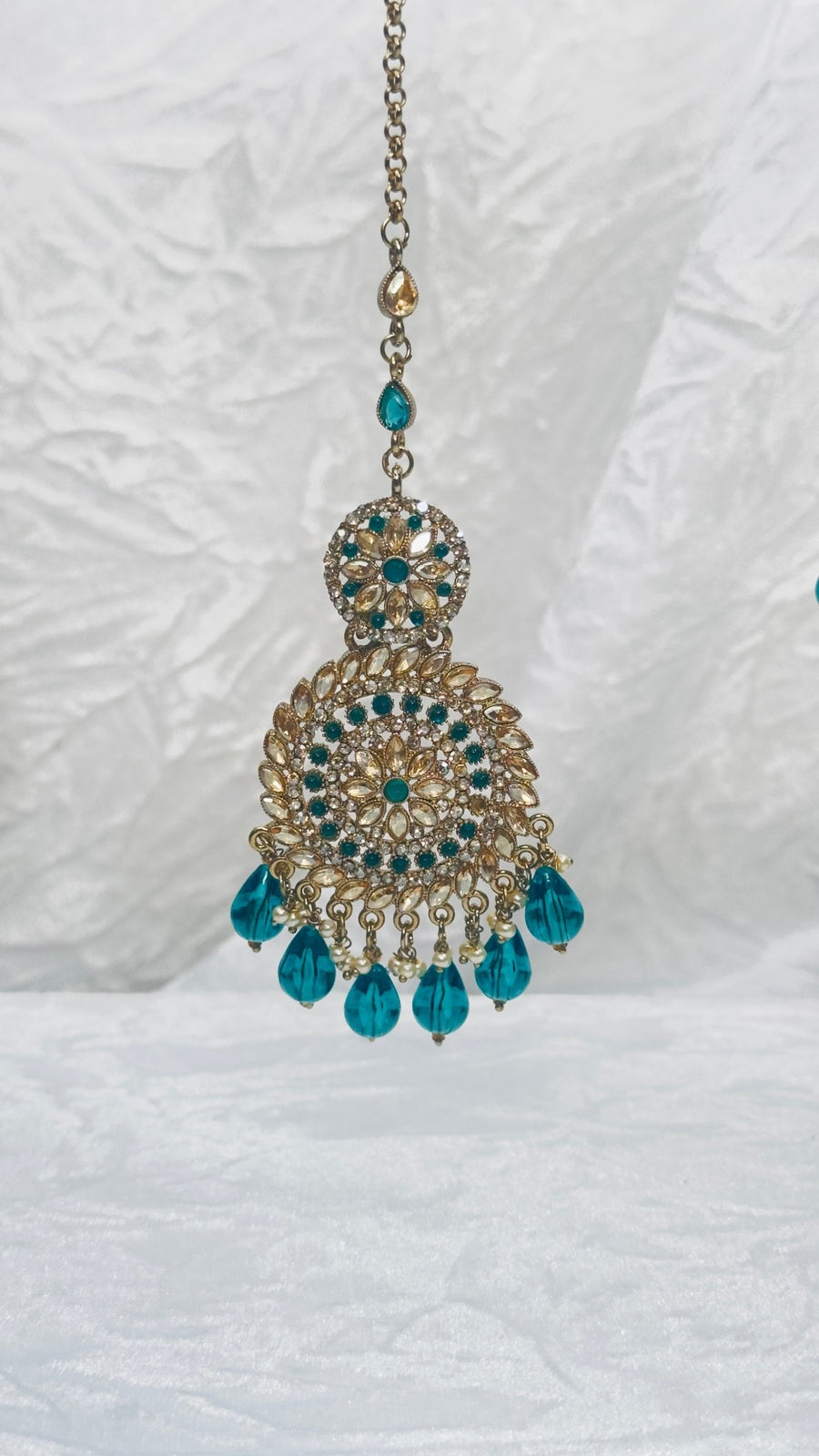 Aya: blue gold Chand Bali earring tikka set - Bijoux Pieces