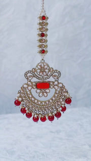 Basma maroon red Gold & Pearl Tikka and earring set - Bijoux Pieces