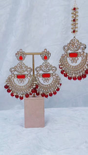 Basma maroon red Gold & Pearl Tikka and earring set - Bijoux Pieces