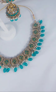 Celina: Teal blue Necklace, earring, tikka set - Bijoux Pieces