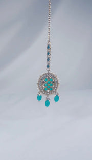 Celina: Teal blue Necklace, earring, tikka set - Bijoux Pieces