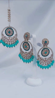 Eliya : Teal Earring & tikka set - Bijoux Pieces Indian Pakistani Jewellery 