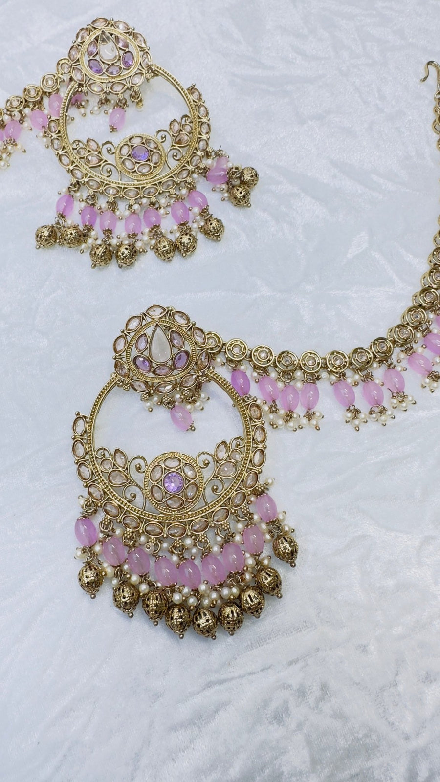 Imani : gold and purple Sahara Jhumkay with tikka - Bijoux Pieces