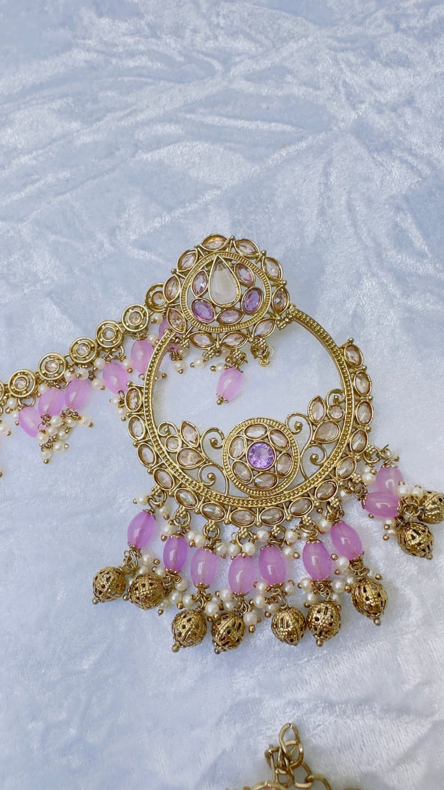 Imani : gold and purple Sahara Jhumkay with tikka - Bijoux Pieces